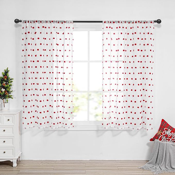 MYSKY HOME Pom Pom Curtains for Girls Bedroom 63 Inch Long Red Nursery Curains for Kids Room Sheer Curtains for Christmas Living Room Playroom Rod Pocket Window Drapes 52" x 63" Set of 2