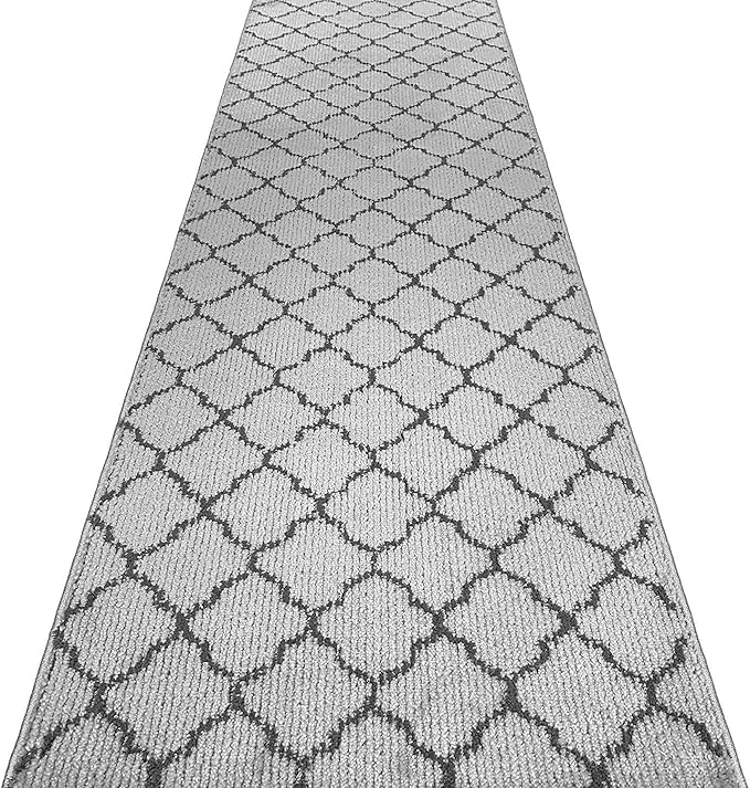 Custom Size Modern Runner Rug Carpet for Hallway Entryway Foyer Kitchen, Slip Resistant Latex Rubber Backed 31 inch Wide X Customized Length, Trellis Grey, 31 inch X 16 feet