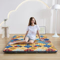 Japanese Floor Mattress Twin, Anti-Slip Japanese Futon Foldable Tatami Mat for Guests, Boho Orange Checkered