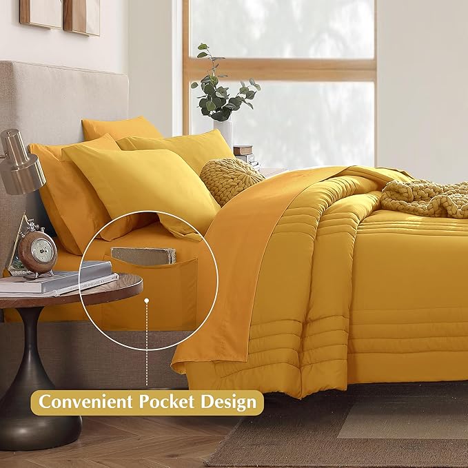 Monbix Full Comforter Set - 7 Pieces Bright Yellow Bed in a Bag Full Size Bedding Sets with Comforters, All Seasons Down Alternative Comforter with Sheets,Pillowcases & Shams