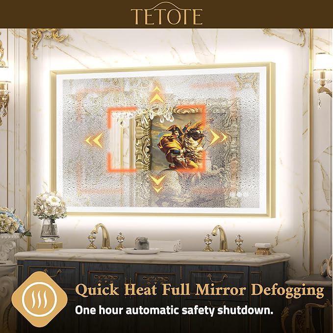 TETOTE Gold LED Bathroom Mirror with Lights 40x32 Front & Back Light Vanity Framed Mirror Baroque Anti Fog Dimmable White/Warm/Natural,CRI90+,Waterproof,Wall Mounted(Horizontal/Vertical)
