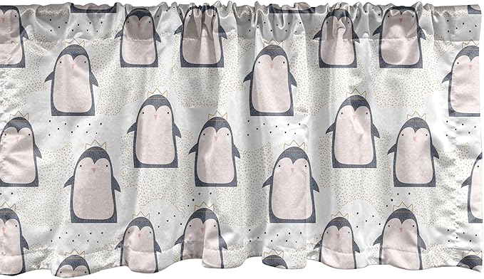 Ambesonne Penguin Window Valance, Pastel Colored Style Cartoon Animals from Antarctica Crowns on a Dotted Background, Curtain Valance for Kitchen Bedroom Decor with Rod Pocket, 54" X 18", Grey Pink