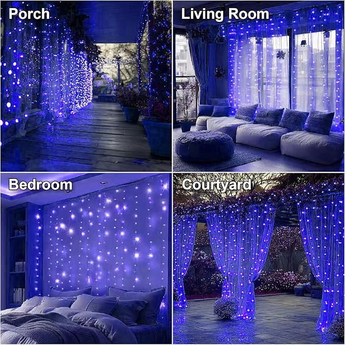 HXWEIYE 300LED Fairy Curtain Lights, 9.8x9.8Ft USB Plug-in 8 Modes Christmas String Hanging Lights with Remote for Bedroom Backdrop Wedding Party Indoor Wall Decor, Blue, Standard