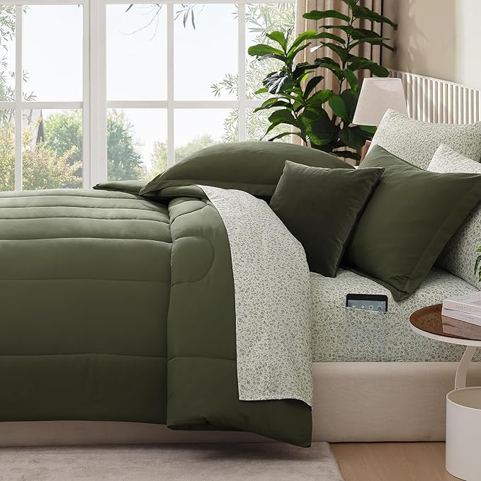 Monbix Full Comforter Set - 7 Pieces Olive Green Bed in a Bag Full Size Track Stitching Bedding Sets, All Seasons Down Alternative Comforter with Sheets,Pillowcases & Shams