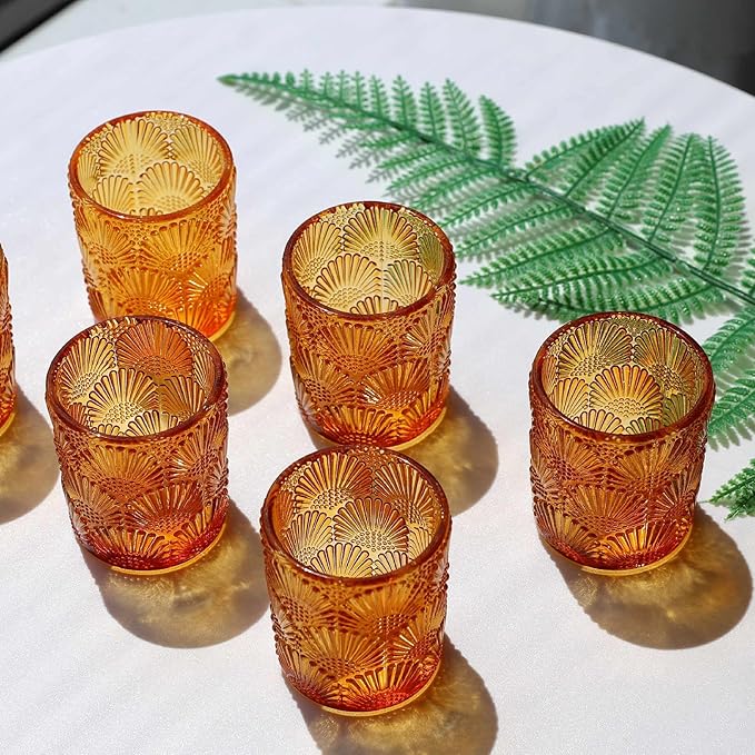 Woho 12Pcs Amber Votive Candle Holders, Glass Amber Candle Holder for Fall Wedding, Boho Tea Lights Candle Holder for Halloween Thanksgiving Centerpieces Table Decoration