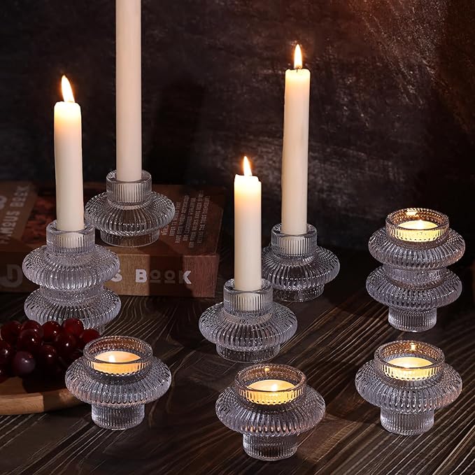 Glass Candlestick Holders -10Pcs Taper Candle Holders Clear Candle Sticks Holder Decor Ribbed Glass Votive Candle Holder for Table Centerpiece Wedding Christmas Dinner Party