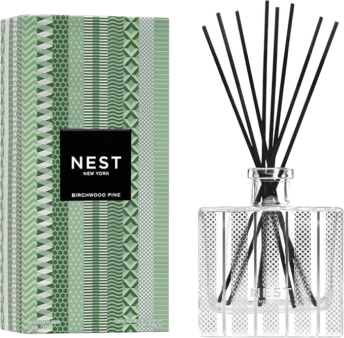 NEST New York Reed Diffuser, Birchwood Pine - 5.9 fl oz - Fragrance for Up to 90 Days - Reusable, Refillable Glass Holder - Includes 8 All-Natural Reed Sticks - Flame Free