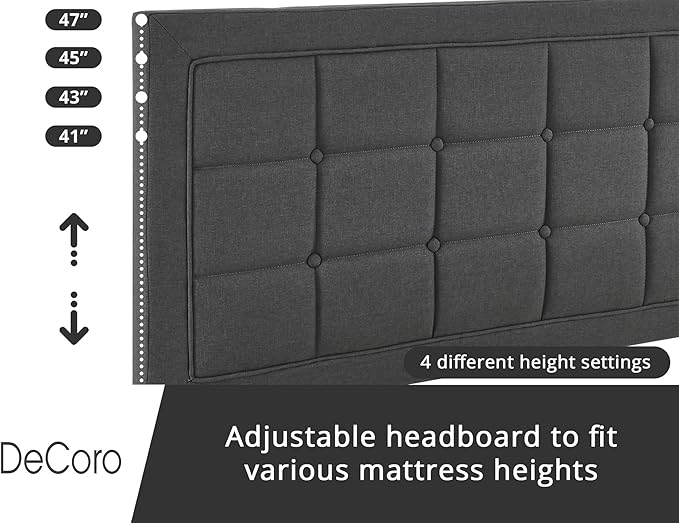 Decoro Mornington Upholstered 2.0 Platform Bed, Button-Tufted Fabric Headboard and Metal Frame with Wood Slat Support, Dark Grey, Queen
