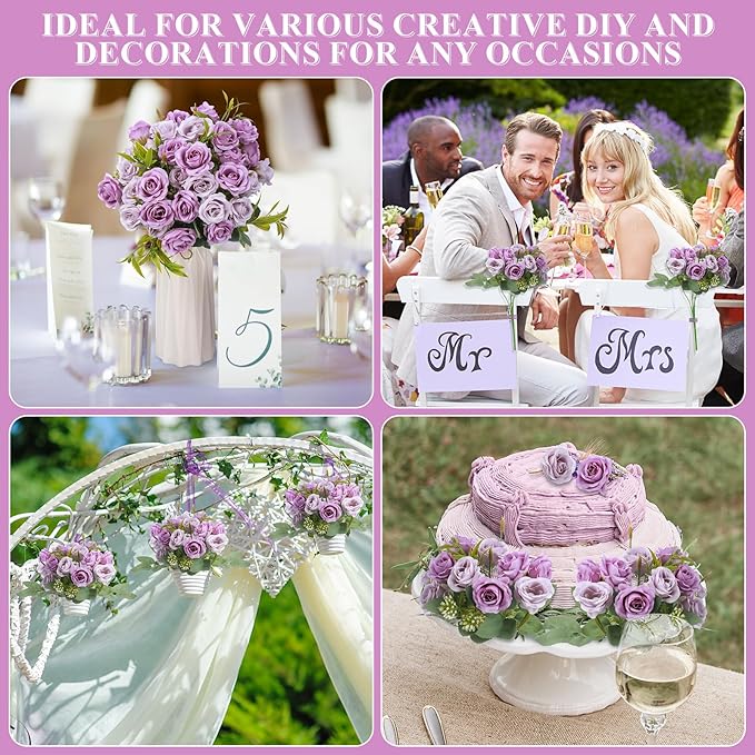 Zeyune 16 Bunches 12 Inch Artificial Mini Rose Bouquet 160 Heads Bridal Flower Bouquets Fake Silk Rose Bulk for Wedding Bridal Shower Christmas Home Office Garden Decoration(Purple and Light Purple)