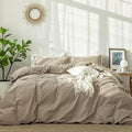 MooMee Bedding Duvet Cover Set 100% Washed Cotton Linen Like Textured Breathable Durable Soft Comfy (Solid Light Camel, Twin 68"x90")