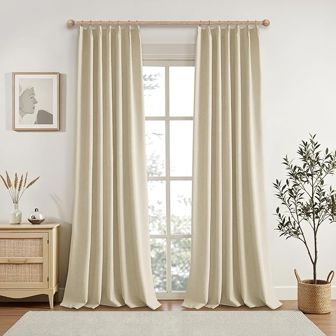 Pinch Pleated Linen Blackout Curtains 108 Inches Long 2 PCs, Pinch Pleat Linen Curtains for Living room with Hooks, Extra Long Thermal Insulated Window Panels for Villa, Natural Beige,42W x 108L