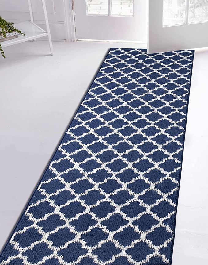 Custom Size Cut to Length Moroccan Trellis Design Runner Rug Mat For Wide Long Hallways with Non-Slip Rubber Backing, Better Traction for Pets, Prevent Slippage, Trellis Navy Blue, 31 inch X 19 feet