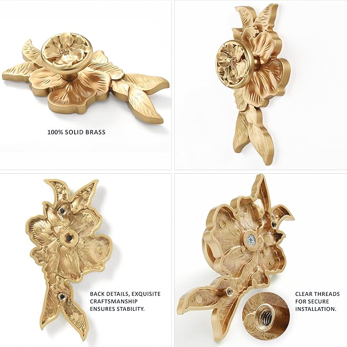 Flower Cabinet Pulls Handle Knob Drawer for Kitchen Dresser Wardrobe Bathroom and Cupboard 2 1/2 Hole to Hole Hardware Knob Easy Installation Pack of 4 Champagne Bronze with Backplate