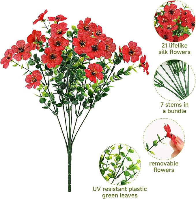 SHareconn 48 Bundles Artificial Flowers for Outdoors Decoration, Faux Plants Fake Silk Colorful Daisy Eucalyptus Lavender, UV Resistant for Outside Home Porch Patio Spring Decor, RedRosyPurpleYellow