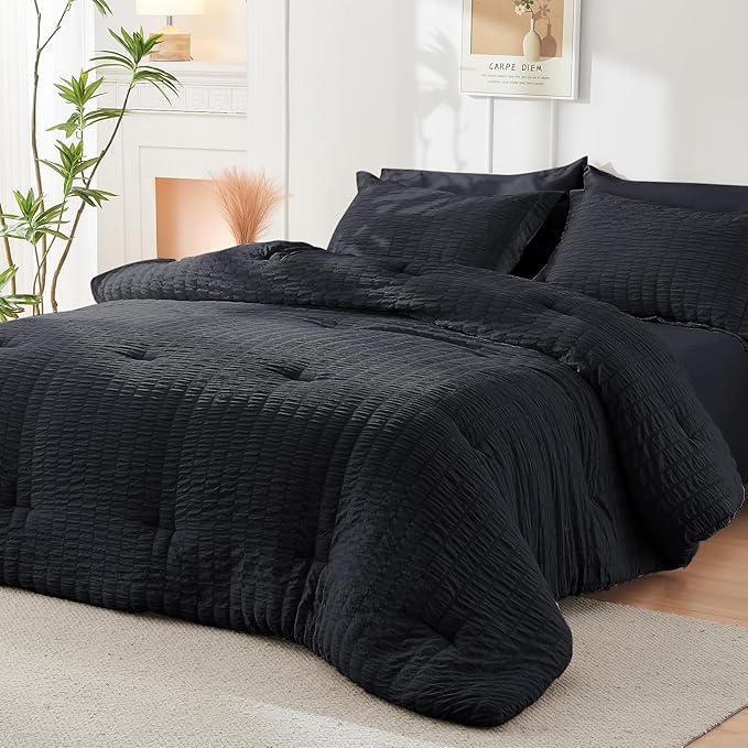 HYMOKEGE Black Full Size Comforter Sets Seersucker 7 Pieces, All Season Luxury Bed in a Bag for Bedroom, Bedding Set with Comforters, Sheets, Pillowcases & Shams