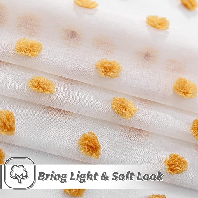 MYSKY HOME Orange Pom Pom Sheer Curtains for Girls Bedroom & Nursery - 72 Inch Long, 2 Panels, Light Filtering, Rod Pocket, Semi Window Drapes - 52 x 72 inch