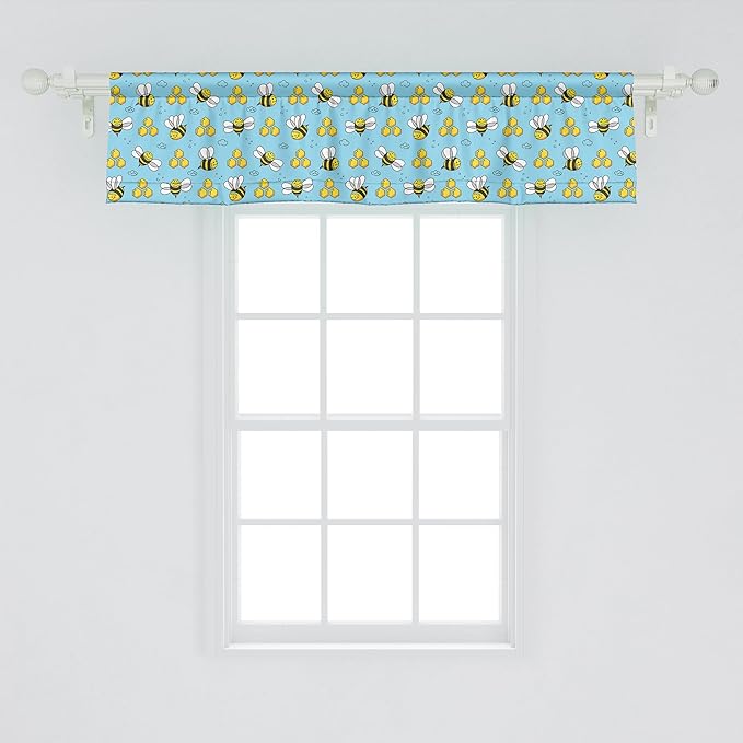 Ambesonne Cartoon Window Valance Pack of 2, Summer Style Funny Demonstration of Happy Flying Characters and Hexagon Comb, Rod Pocket Curtain Valances for Kitchen Bedroom, 42" X 12", Sky Blue Mustard