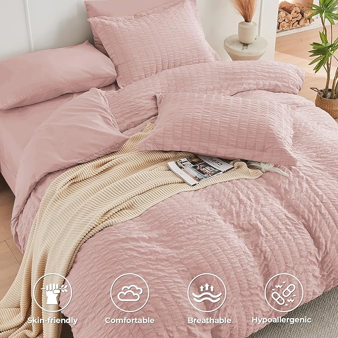 HYMOKEGE Rose Gold Twin XLComforter Set Seersucker 5 Pieces, All Season Luxury Bed in a Bag for Bedroom, Bedding Set with Comforter, Sheets, Pillowcase & Sham