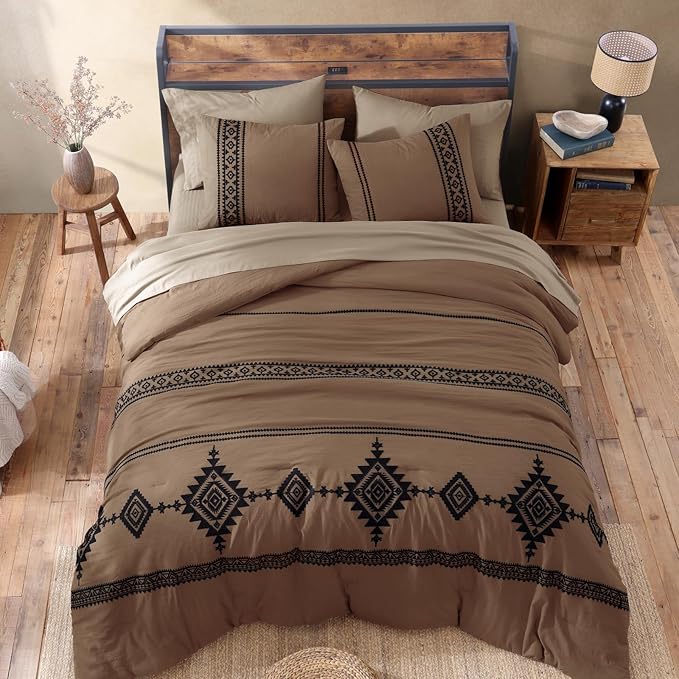 MaiRêve Embroidery Queen Size Comforter Set Brown, Boho Farmhouse Western Bedding Set 7 Pieces, All Season Bed in A Bag Comforter Set with Sheets, Pillowcases & Shams