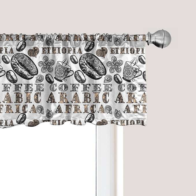 Ambesonne Modern Window Valance, Coffee Beans with Ornamental Words Ethiopians Pattern, Curtain Valance for Kitchen Bedroom Decor with Rod Pocket, 42" x 12", Sand Brown Black