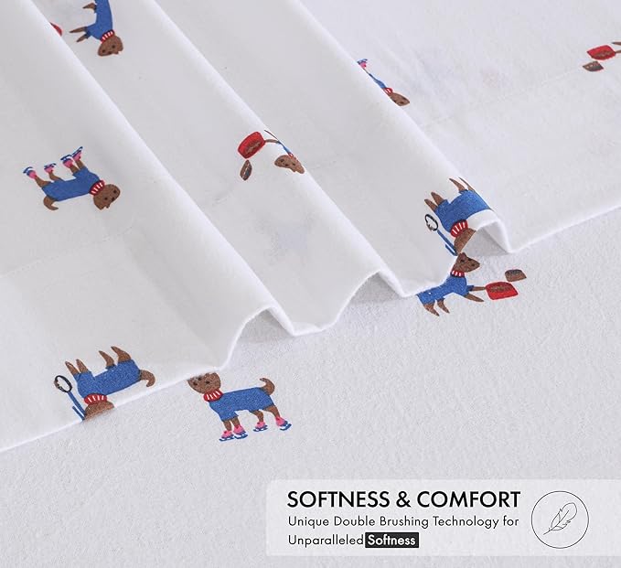 RUVANTI Flannel Sheets Full Size - 100% Cotton Double Brushed Bed Sheets Set, Deep Pockets 16 Inches, All Seasons Breathable & Extra Soft Full Sheets, Warm & Cozy, 4 Piece, Puppy Playoff