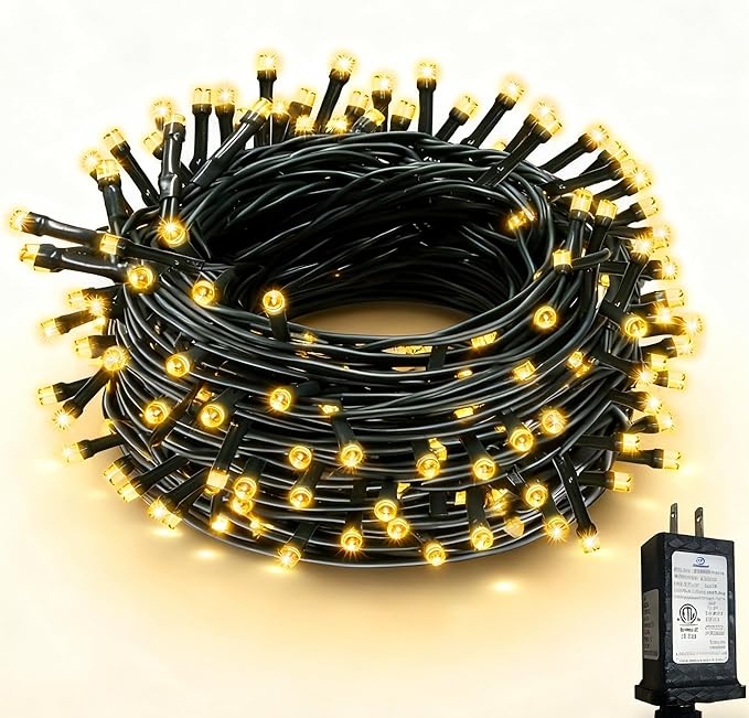 RPGT Christmas Tree Light 200 LEDs 73ft Green Cable Wire Fairy String Twinkle Lights Plug in 12 Modes for Xmas Party, Indoor, Outdoor, Garden, Wedding, Home Decoration (Warm White)