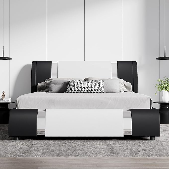 SHA CERLIN Queen Platform Bed Frame with Iron Pieces Decor and Adjustable Headboard/Deluxe Upholstered Modern Bed with Solid Wooden Slats Support/No Box Spring Needed, White with Black Sides