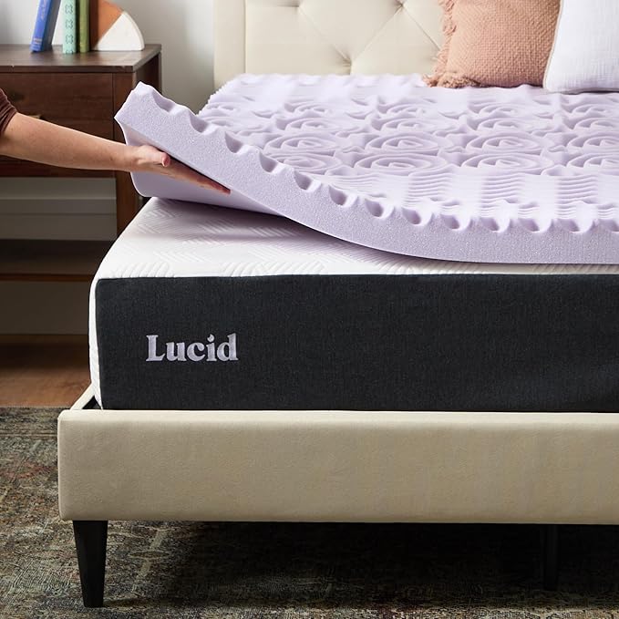 LUCID Lavender Infused 3 Inch Memory Foam Mattress Topper with 5 Zones – King Size – Plush Feel – CertiPUR Certified – Dorm Room Essentials