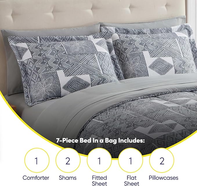 Sweet Home Collection 7 Piece Comforter Set Bag Solid Color All Season Soft Down Alternative Blanket & Luxurious Microfiber Bed Sheets, Tulsa, Queen