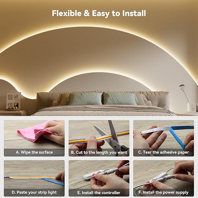 PAUTIX COB LED Strip Light 16.4ft,Engineering Level UL Listed Warm White 3000K,CRI93+ Super Bright High Lumen,Dimmable 24V Flexible LED Tape Light with RF Remote,for Cabinets,Home&Office DIY Lighting