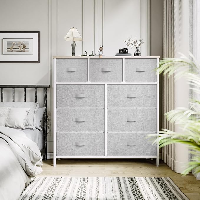 YITAHOME Dresser with 9 Drawers - Fabric Storage Tower, Organizer Unit for Room, Living Room, Hallway, Closets - Sturdy Steel Frame, Wooden Top & Easy Pull Fabric Bins (Light Gray)