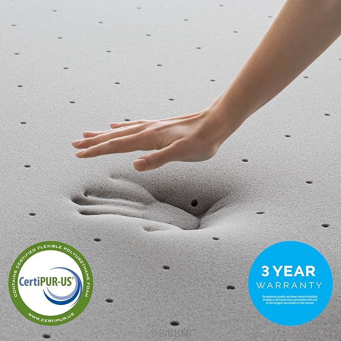 Lucid 2 Inch Ventilated Bamboo Charcoal Memory Foam Mattress Topper, CertiPUR-US Certified, Moisture and Odor Control-King