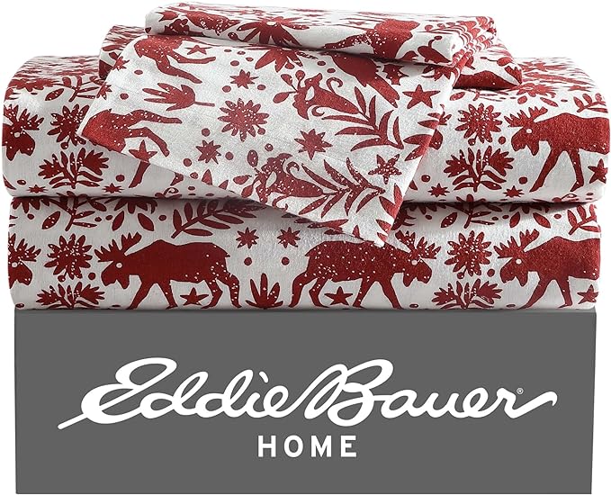 Eddie Bauer - Queen Sheets, Cotton Flannel Bedding Set, Brushed for Extra Softness, Cozy Home Decor (Arcadia Red, Queen)