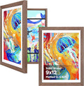 KINLINK 9x12 Kids Art Frames Set of 2, Solid Wood Kids Artwork Frames Changeable with Acrylic Front Opening Holds 150 Pictures, Art Frame for Kids Artwork with Mat or without Mat, Brown Wood