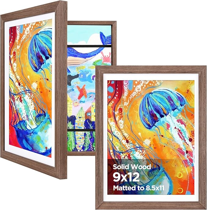 KINLINK 9x12 Kids Art Frames Set of 2, Solid Wood Kids Artwork Frames Changeable with Acrylic Front Opening Holds 150 Pictures, Art Frame for Kids Artwork with Mat or without Mat, Brown Wood