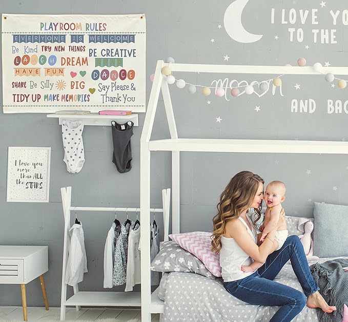 Sioial Playroom Kids Toddler Room Wall Decor, Play Room Rules Wall Decor for Kids Play Game Room Bedroom Nursery Home School Playroom Essentials,Canvas Hanging Banner Poster 28.5x20 Inch