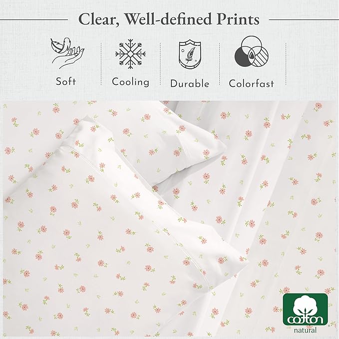 California Design Den Printed Twin XL Sheet Sets - 400 Thread Count Sateen, Natural 100% Cotton Bed Sheets, Deep Pockets, Cooling and Durable Bedding Set - Soft Floral