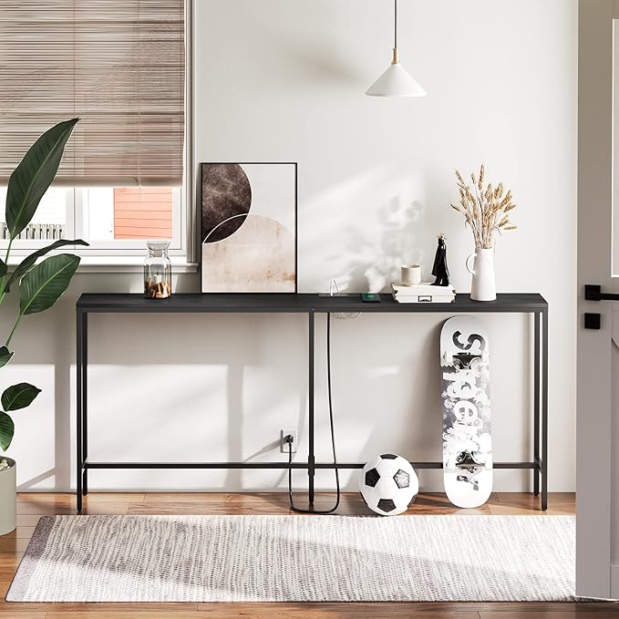 70.9'' Console Table with Power Outlet, Narrow Sofa Table, Industrial Entryway Table with USB Ports, Behind Couch for Entryway, Hallway, Foyer, Living Room, Black CTHB18E01