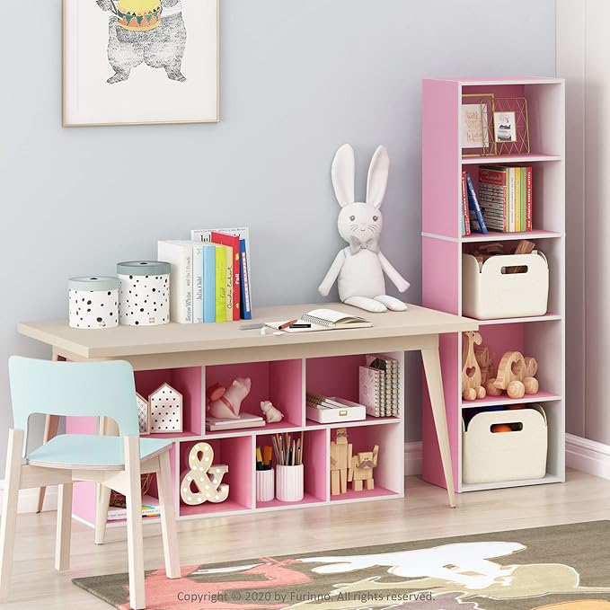 Furinno LUDER Book Shelf, 7-Cube Bookshelf, Bookcase, 9.4" x 19.5" x 41.7", for Living Room, Bedroom, Home Office, White/Pink