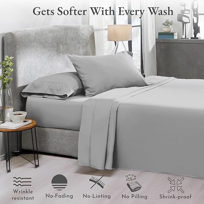 California Design Den 2-Pack King Sheet Set 400 Thread Count 100% Cotton Sateen - Extra Soft, Breathable & Cooling Sheets, Wrinkle Resistant, 2 Sets of Deep Pocket King Sheet Set Cotton - Light Grey