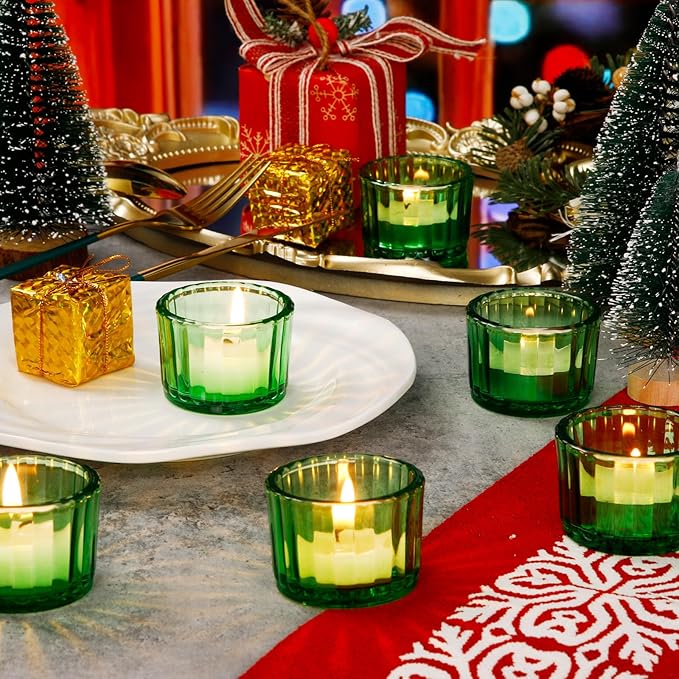 Mumufy 100 Pack Glass Tealight Candle Holder Ribbed Votive Candle Holder for Centerpiece Wedding Proposal Spa Aromatherapy Meditation Home Decor (Green)