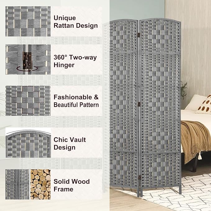 Rose Home Fashion 6 ft Tall Room Divider, Room Dividers and Folding Privacy Screens, 15.7in Privacy Screen 8 Panel Partition Temporary Wall Separation for Private, Grey