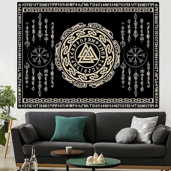 OSUNBD Nordic Viking Tapestry Wall Hanging - Small 40x30inches Soft Flannel with Valknut, Celtic Runes & Norse Mythology Scandinavian for Bedroom, Living Room Decor
