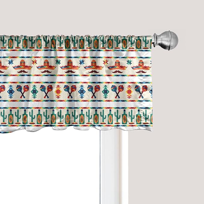 Ambesonne Mexican Window Valance, Latin American Cultural Native Borders Indigenous Saguaro Sombrero Tequila Bottle, Curtain Valance for Kitchen Bedroom Decor with Rod Pocket, 54" X 12", Jade Green