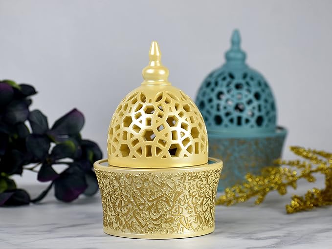 Intense Oud Calligraphy Style Closed Resin Incense Burner – 8 Inches, Beige Metal Tray, Arabian Bakhoor Burner for Yoga, Aromatherapy, Home, Office & Bedroom Decor