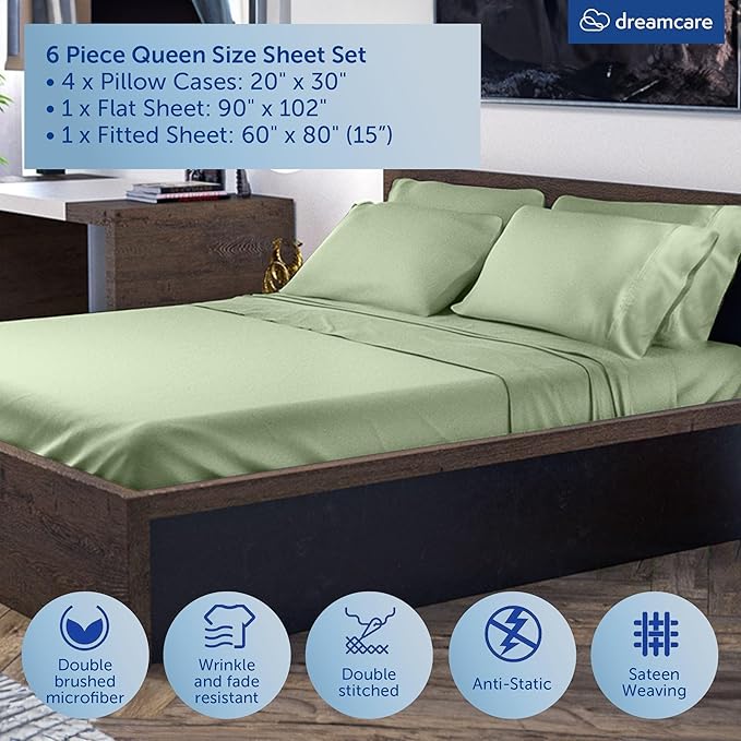 DREAMCARE Queen Sheet Set – 6 pcs Cooling Bed Sheets – up to 15” Deep Sheets Queen Size Bed Set – 2500 Supreme Collection – Extra Soft 100% Brushed Microfiber Hotel Luxury with Side Pocket –Sage Green