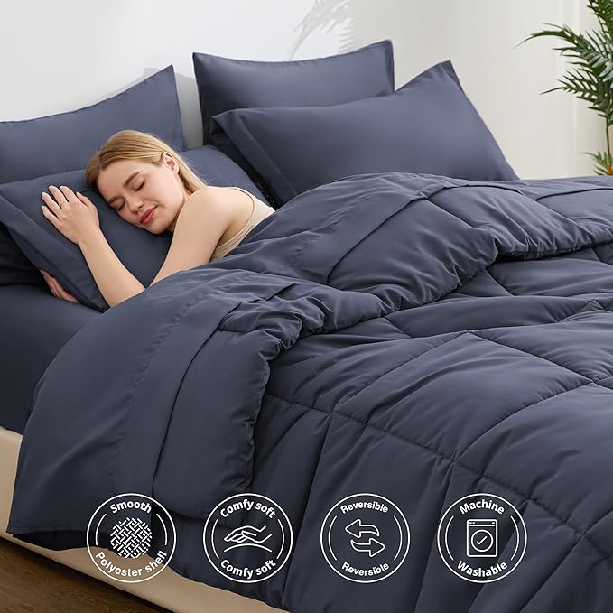Love's cabin King Size Comforter Set Indigo Blue, 7 Pieces King Bed in a Bag, All Season Bedding Sets with 1 Comforter, 1 Flat Sheet, 1 Fitted Sheet, 2 Pillowcase and 2 Pillow Sham