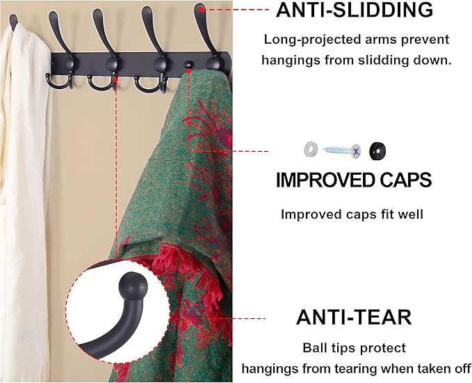 Dseap Coat Rack Wall Mounted - 5 Tri Hooks, Heavy Duty, Stainless Steel, Metal Coat Hook Rail for Coat Hat Towel Purse Robes Mudroom Bathroom Entryway,Black