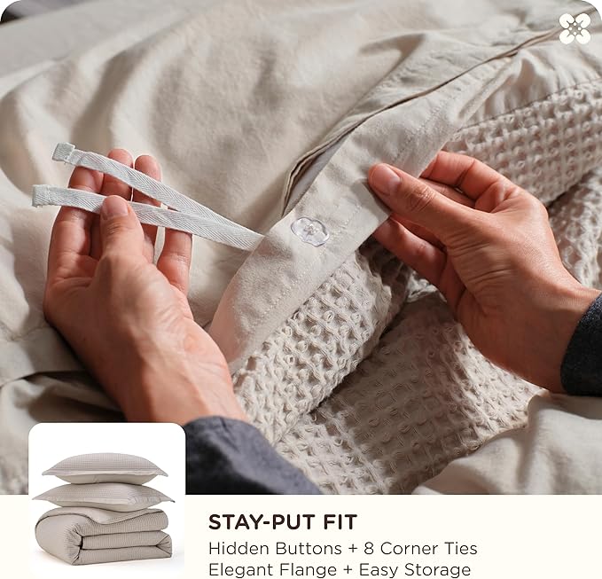 Bedsure Cotton Duvet Cover Set - 100% Cotton Waffle Weave Linen Duvet Cover Oversized King Size, GentleSoft™ and Breathable Bedding Set for All Season, 3 Pieces, 120"x98"