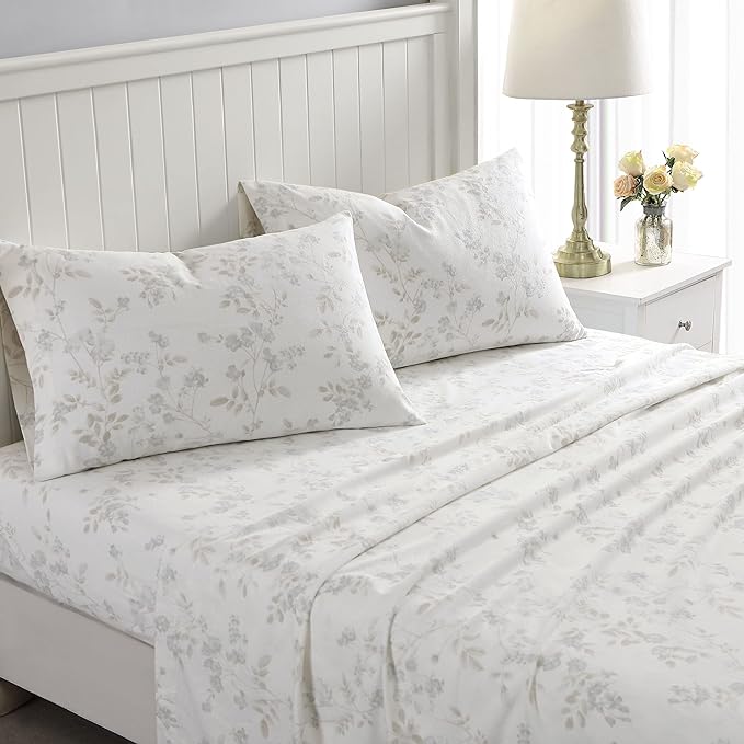 Laura Ashley - Flannel Sheets Twin Size, Anti-Pilling & Wrinkle Resistant Cotton, Touchably Soft for All-Season Comfort - Bed Sheets with Matching Pillowcase & Fitted Sheet (Fawna Grey)